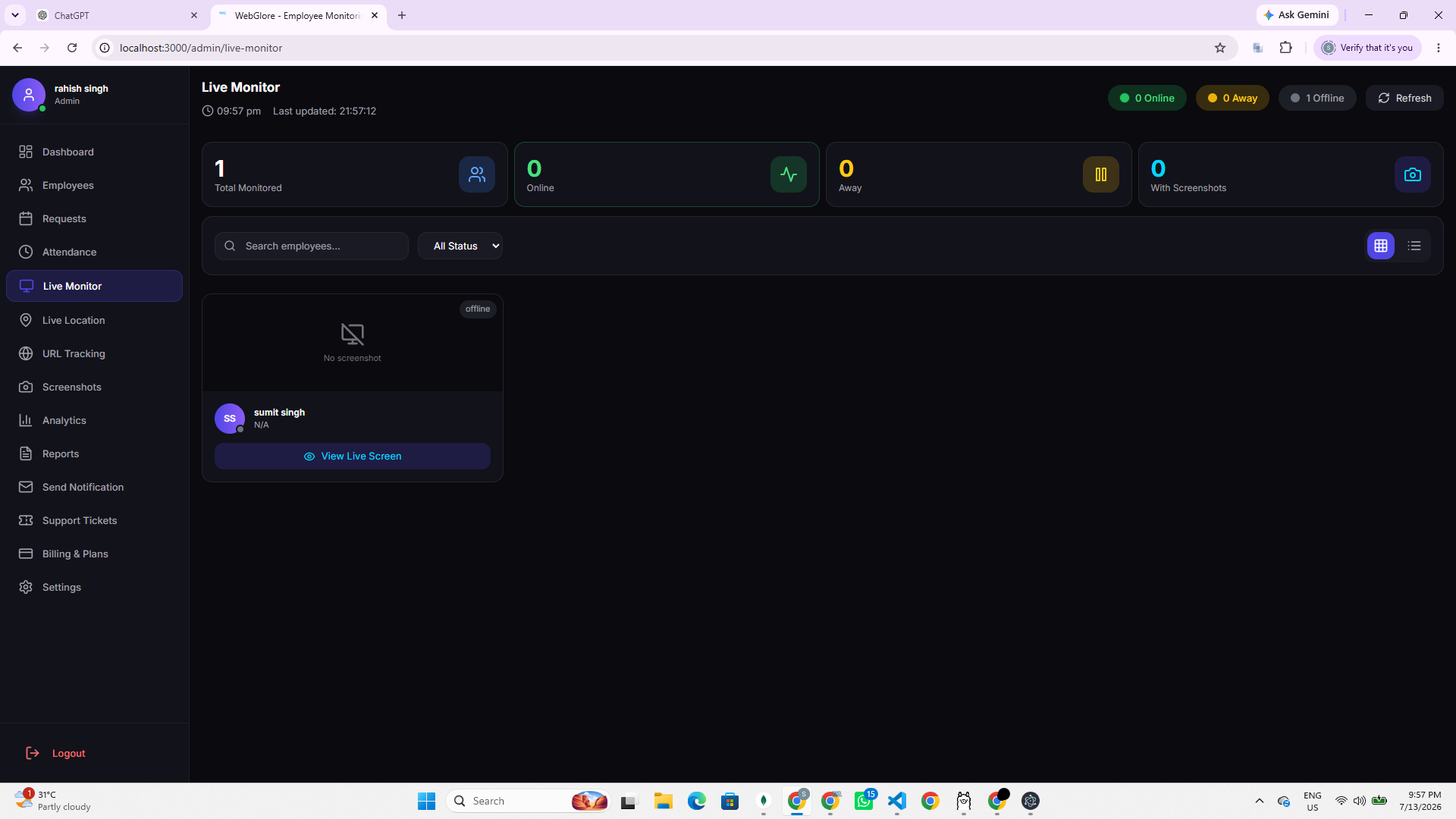 Sample employee screenshot showing the OneTap Track Live Monitor dashboard