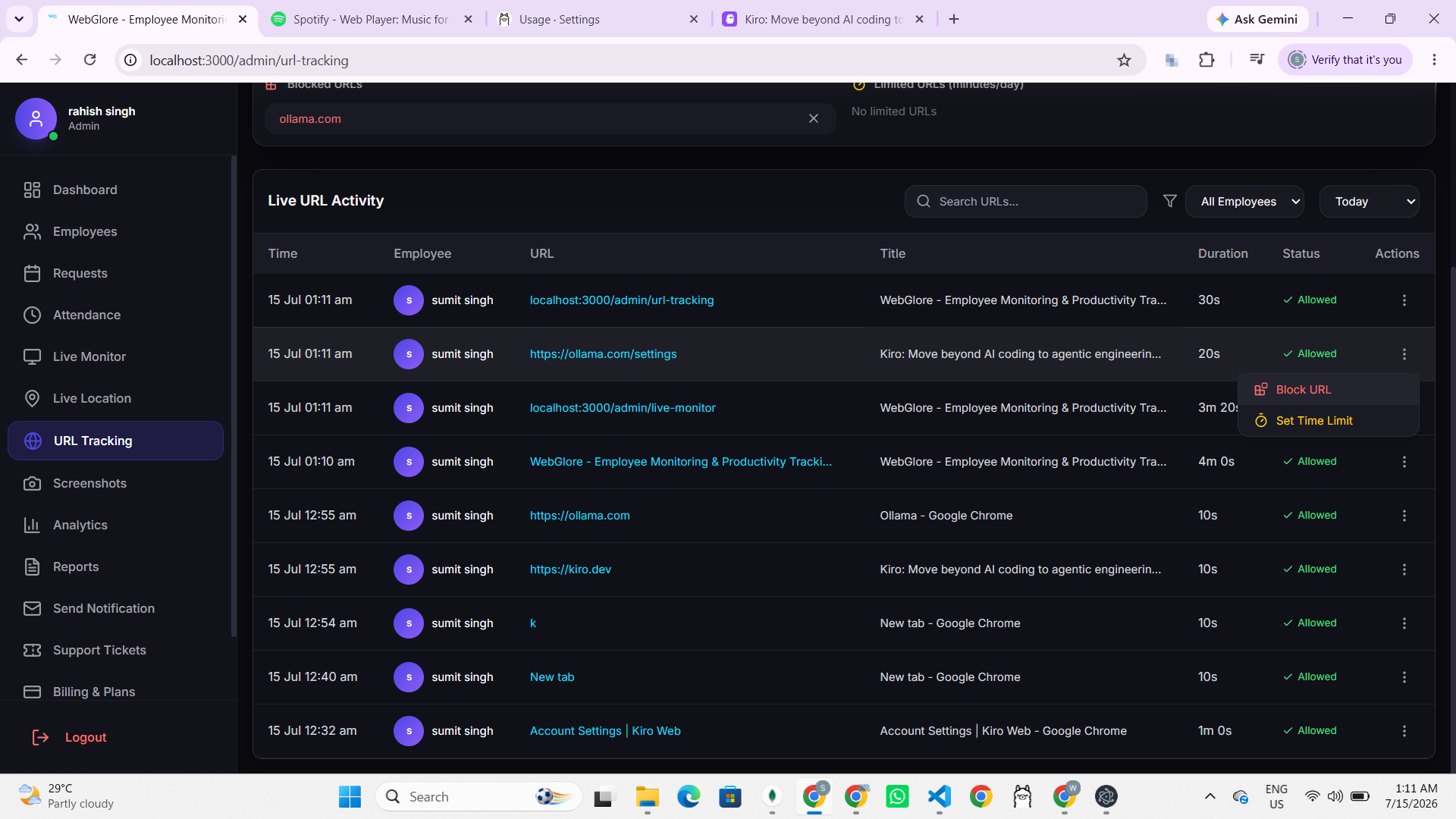 OneTap Track URL Tracking dashboard showing live website activity with time spent per site, allowed status, and block controls